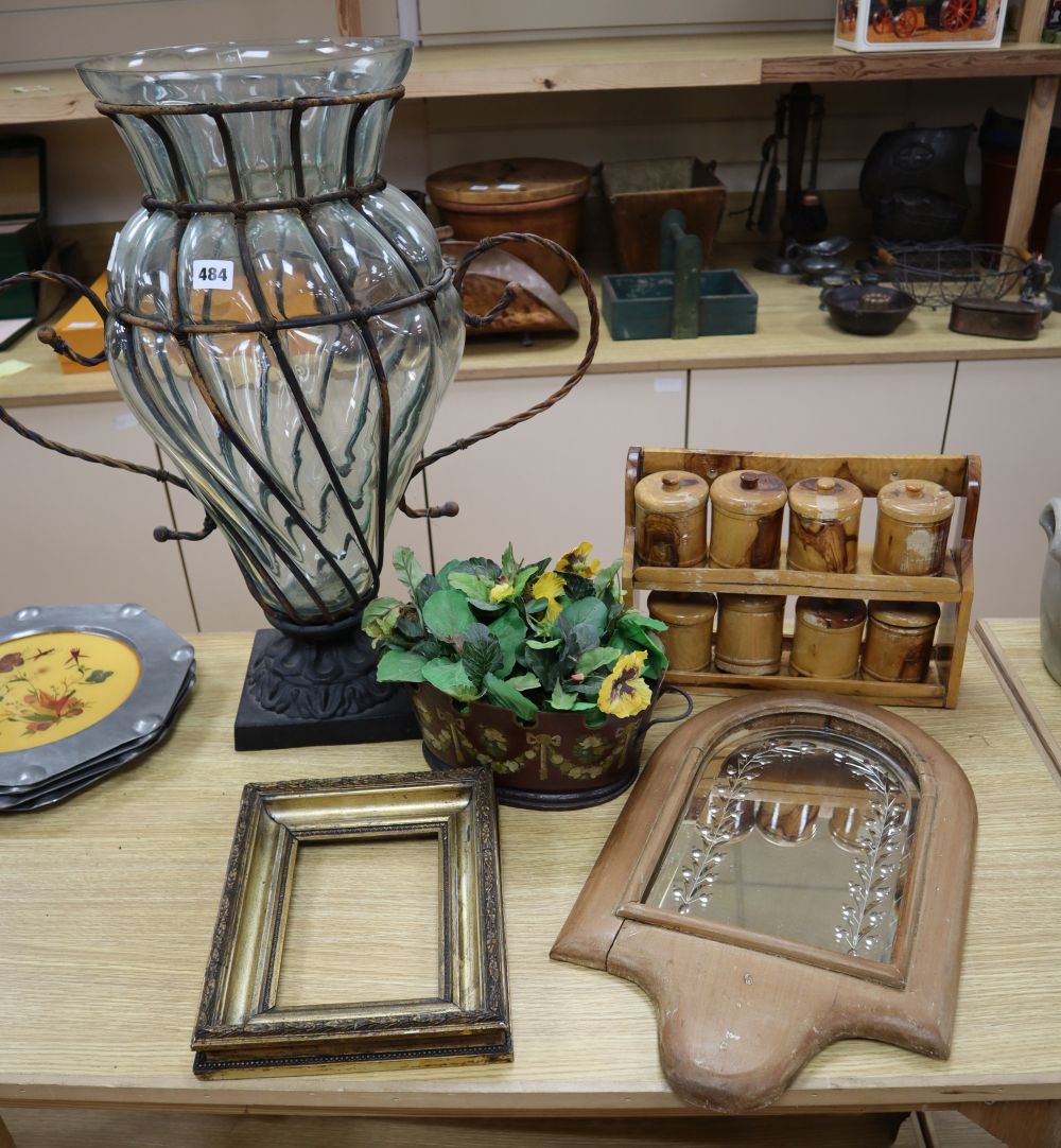 An oval painted tole monteith shape planter, width 32cm., a spice rack, a large glass and wrought metal vase, 62cm, and two other items